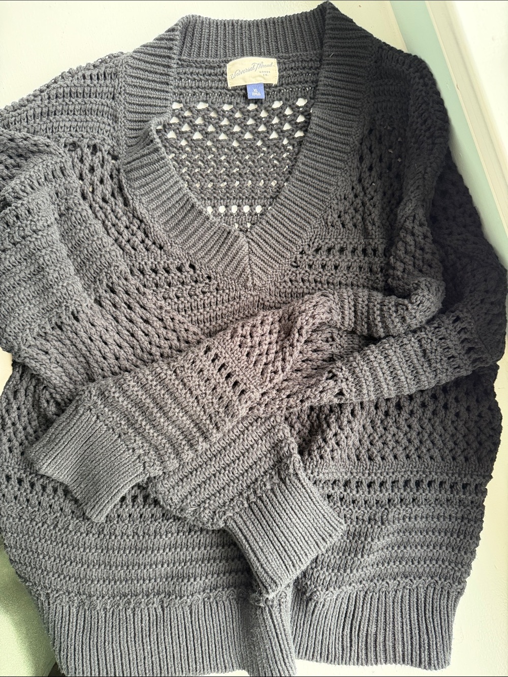 Universal Thread Charcoal V-Neck Crochet Sweater